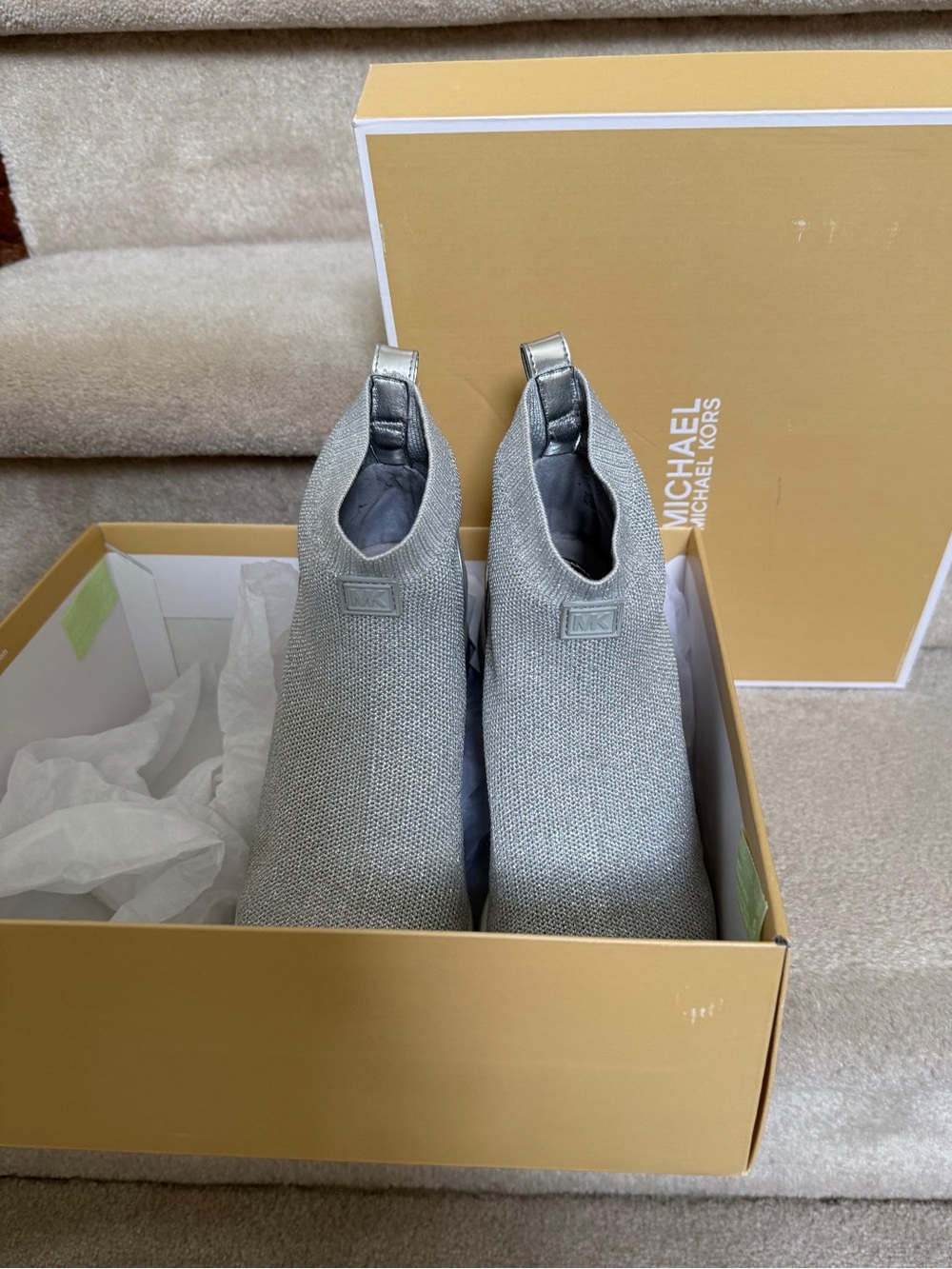 Michael Kors Metallic Silver Knit Ankle Booties